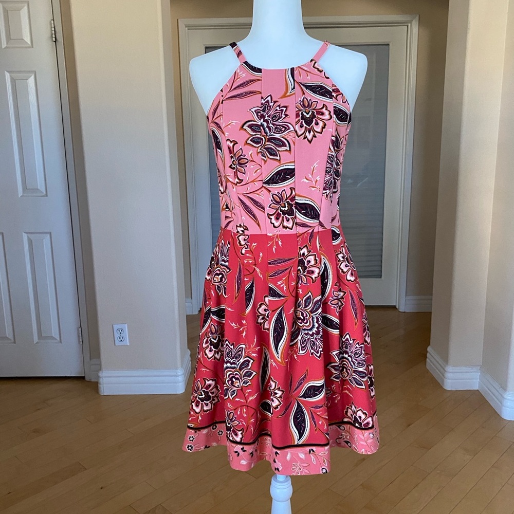 Vince Camuto Paisley Halter Dress With Cut Away Shoulders Pink and Red Size 10